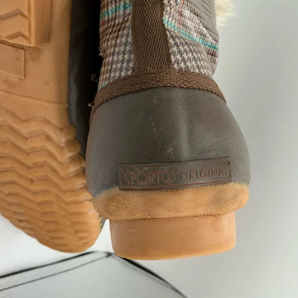 Sporto Plaid Duck Boots, brown rubber shell, faux fur lining size 10